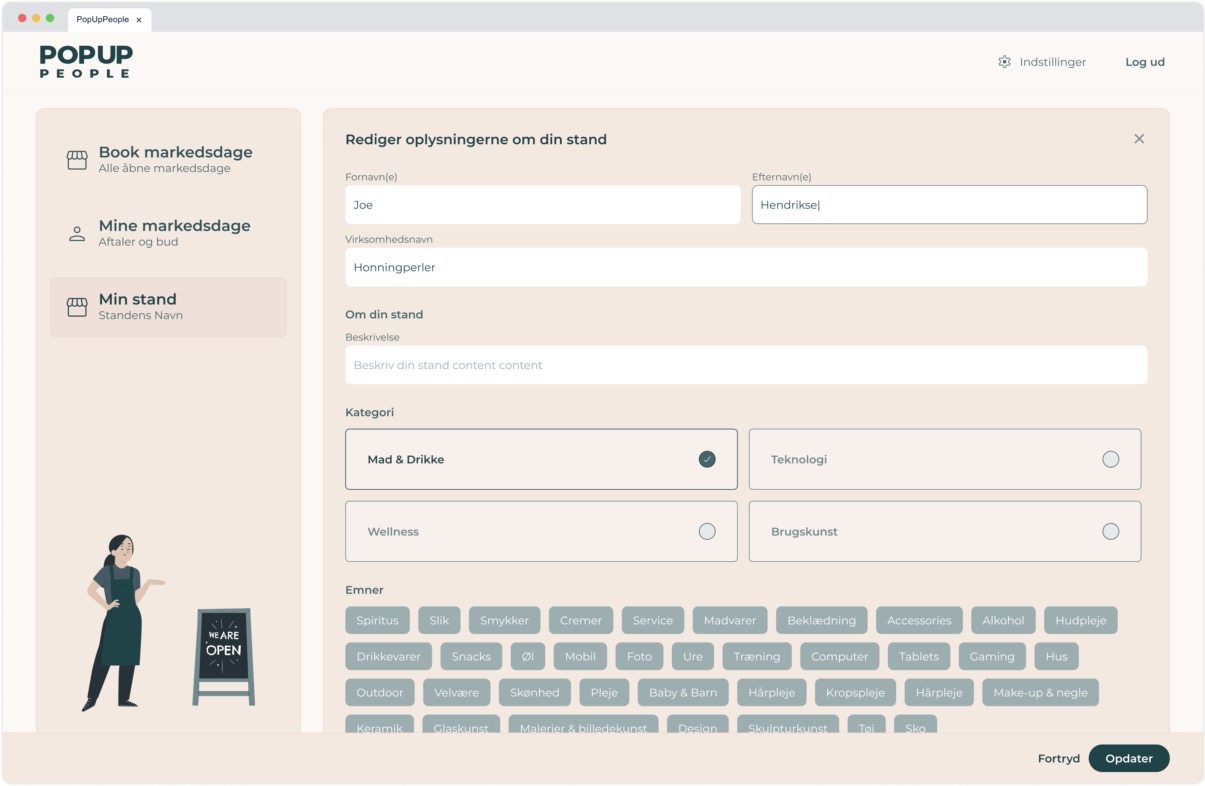 Modal for editing stand details with form fields for name, company, description, category radio buttons, topic tags, and "Opdater" and "Fortryd" actions.